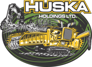 The Huska Holdings LTD. logo of yellow and green and grey colours, with the words Huska Holdings LTD. in the top right of the logo overtop of a wood waste recycling machine.