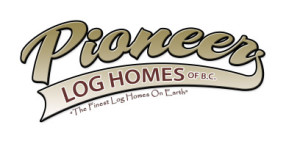 The Pioneer Log Homes of BC logo in gold writing, with the slogan The Finest Log Homes on Earth underneath.