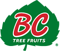 The BC Tree Fruits logo with red and white letters on a green leaf background.