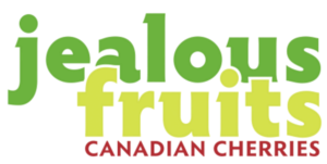 The Jealous Fruits Canadian Cherries logo with green, lime and red letters.