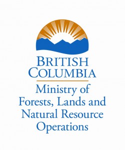 The British Columbia MInistry of Forests, Lands and Natural Resource Operations symbol in blue writing, with a rising yellow-orange sun over blue mountains above.